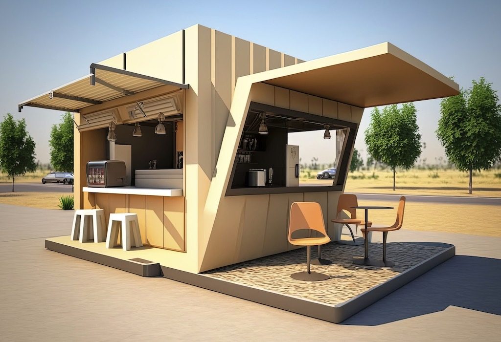 Modern recycled bar with chairs and tables outside in the country. recycling concept. Cofee shop