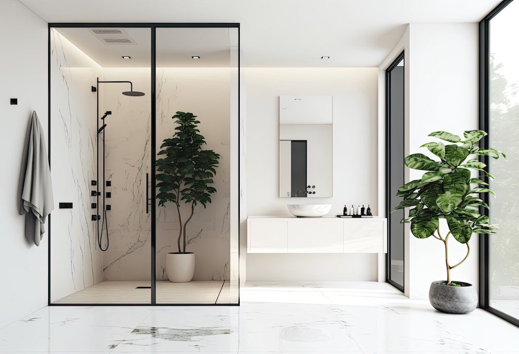 a modern bathroom with a dry and shower space on a light beige background,